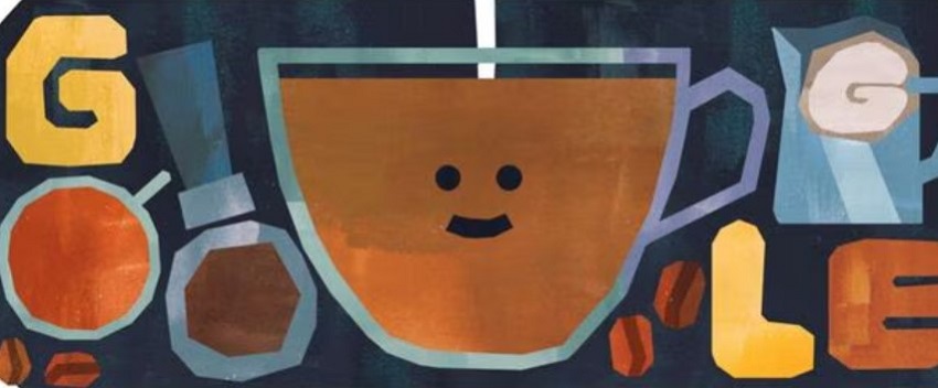 Google Doodle एनिमेटेड चित्रण के साथ फ्लैट व्हाइट कॉफी पेय का जश्न मनाते हुए दिखाया गया...