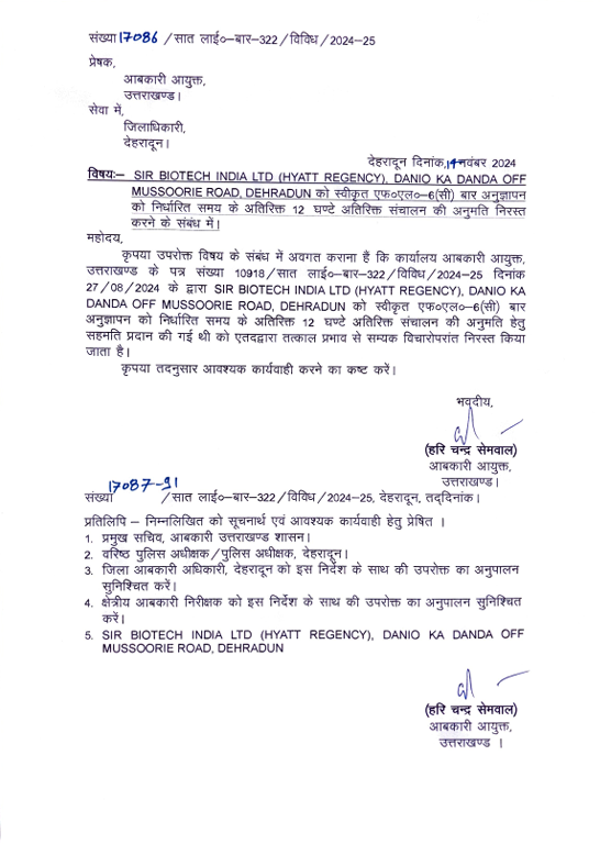 हयात बार को डीएम के रिकमंड पर 24 घंटे का लाइसेंस निरस्त कर 12 घंटे कर दिया गया